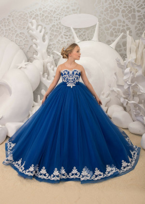 Royal Blue And Silver Lace Tulle Wedding Flower Girl Dress